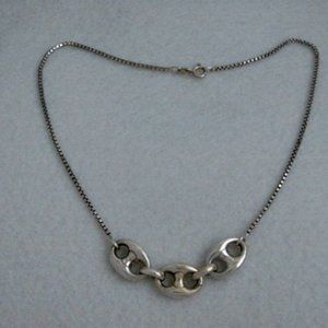 Sterling Silver Box Link w/ 3 Center Puffed Mariner Links Choker Necklace